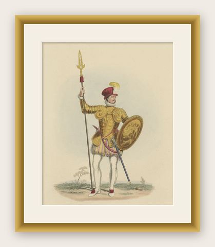 Nicely Hand-colored Antique Print of Embossed Armor, 1842, shown framed