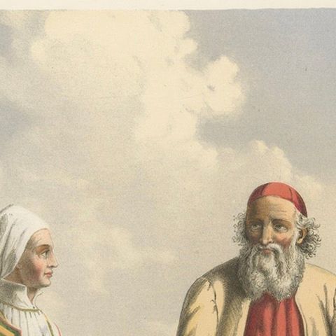 Folk Costumes near Bergen, Moranger and Oster Couple, 19th Century Print, close-up 6