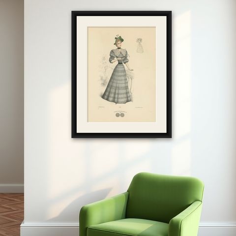Victorian Daywear: Elegant Fashion Lithograph - the Exposition Universelle 1889, shown framed on a wall