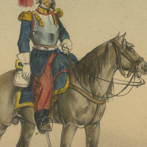Spanish Cavalry Lithograph by José Rubio y Villegas: Cuirassier and Lancer, 1861, close-up 1
