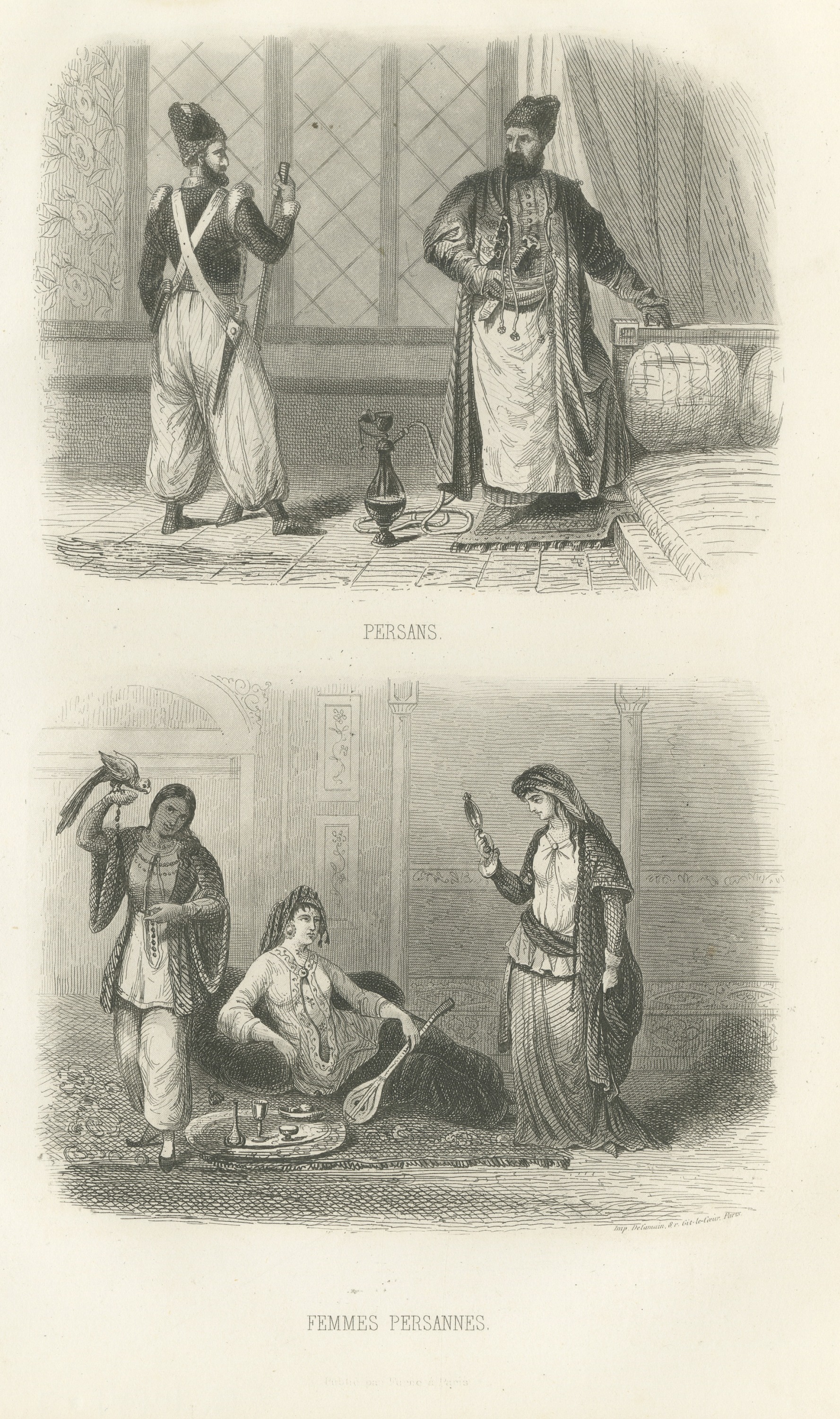 Persian Men and Women in Traditional Dress, Antique Steel Engraving, 1859