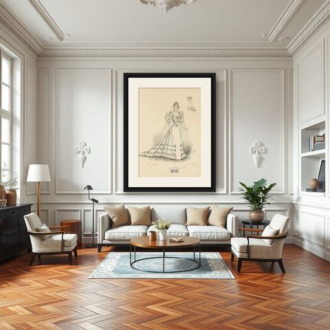 Victorian Bridal Elegance: Exquisite Wedding Gowns in Lithograph, 1889, shown framed in a room