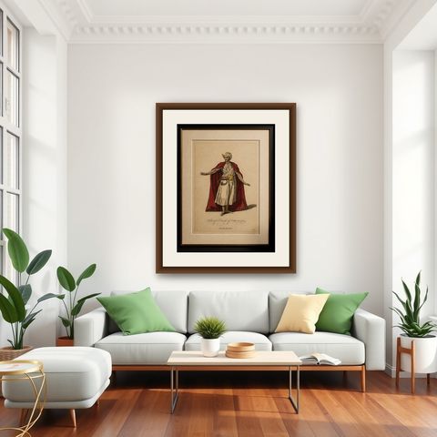 Habit of a Dervish of India, 1700, Hand-Colored Costume Engraving, shown framed in a room