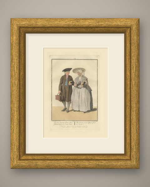 Frisian Couple after the Sermon, Dutch Costume Print, 1811, shown framed