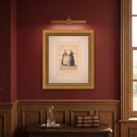 Congratulating the Bride, Dutch Costume Print, Maaskamp, 1811, shown framed on a wall
