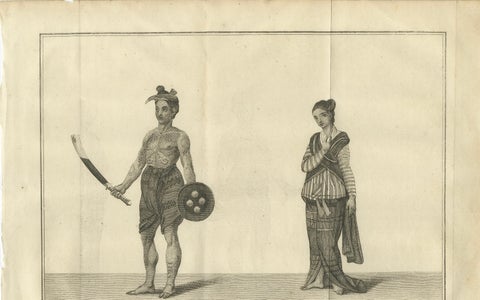 Tattooed Burmese Farmer and His Wife, Antique Costume Print, circa 1800, close-up 1