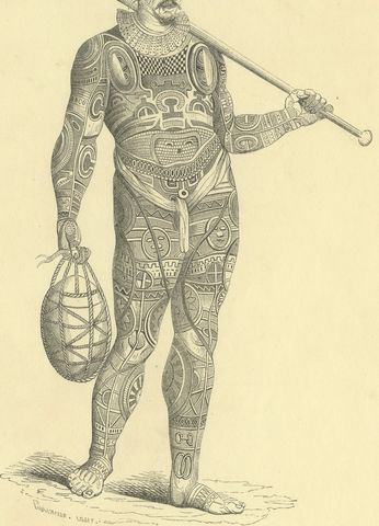Noukahiwa, Oceania, Antique Wahlen Costume Print, 1843-1844, close-up 1