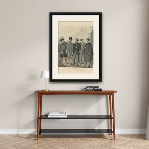 Old Fashion Print of Various Men Illustrating the Fashion Trends of May, 1862, shown framed on a wall