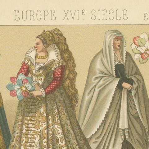 Pl. 66A Antique Print of European 16th Century Costumes by Racinet, circa 1880, close-up 1