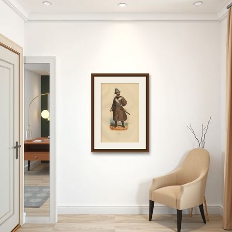 Traditional Eleuth Warrior Attire in 1844 Hand-Colored Lithograph, shown framed in a room