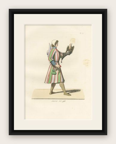 15th Century Falconry Costume, Falconer with Hawk, Antique Print 1845, shown framed