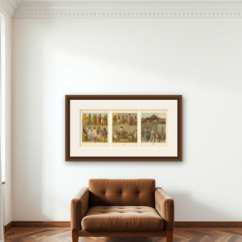 North African Daily Life & Costumes, Racinet Afrique Plates, Set of 3, 1888, shown framed on a wall