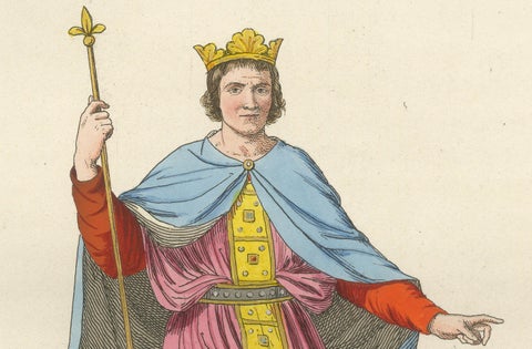 Antique 1845 Print, King and Angel in 15th Century Courtly Costume, close-up 3
