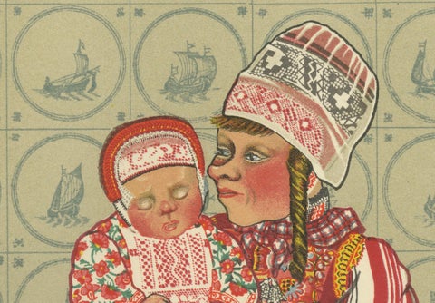 Dutch Women and Infant Traditional Dress from Marken, Old Costume Print, 1932, close-up 3