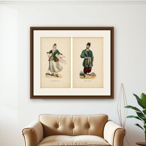 Antique Armenian Costume Prints, Hand-Colored Ethnographic Lithographs, 1852, shown framed on a wall