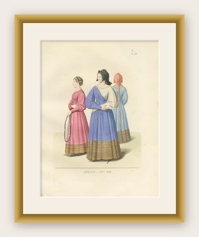 Medieval Women's Costumes c.1300, Hand-Colored Costume Plate, Mercuri 1845, shown framed