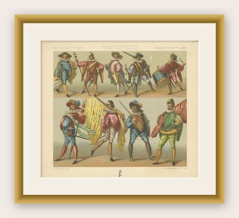 Pl. 72 Antique Print of French XVIth Century Costumes by Racinet, circa 1880, shown framed