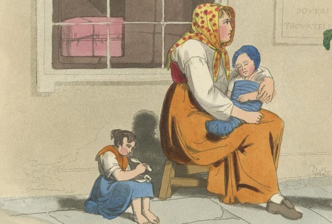 Costume Print: Women and Children in Pisa, 1820s Hand-Colored Engraving, close-up 3