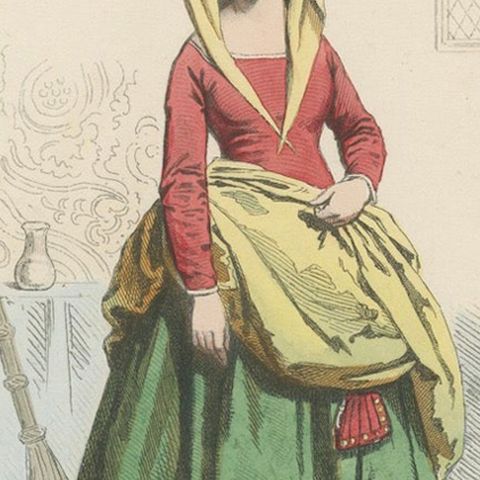 Antique French Costume Print of Medieval Chambermaid, Hand-Colored, 19th Century, close-up 6
