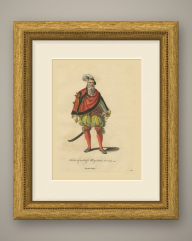 Swiss Magistrate in Red Cape with Curved Sword, Costume of 1577, Jefferys 1757, shown framed