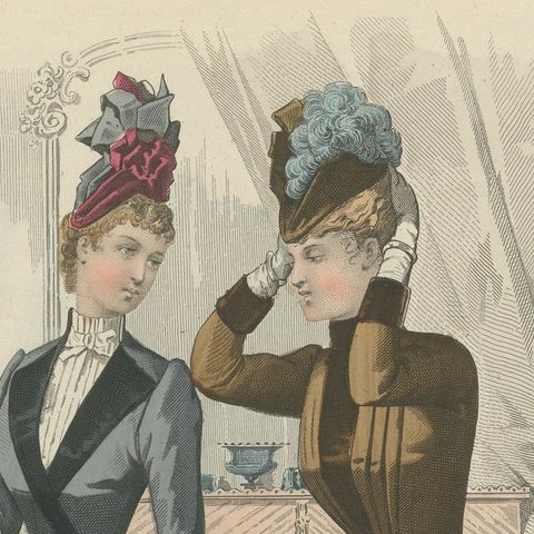 French Fashion Print, Interior Mirror Scene, Parisian Ladies, c.1887, close-up 5