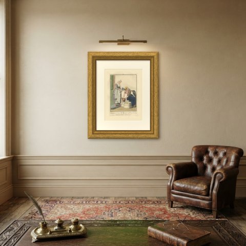 Milk Measuring at the Door, Dutch Costume Print, Maaskamp, 1811, shown framed on a wall