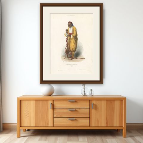 Antique Costume Print of an Eunuch from Cairo, 1850, shown framed on a wall