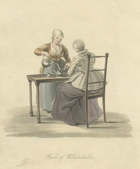 Old Print of Women of Willemstad in Brabant, the Netherlands, Drinking Tea, 1817, close-up 1