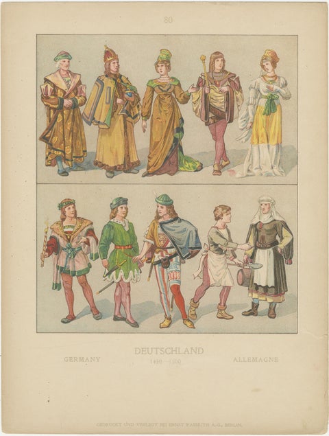 German Costume History 1450–1670, Set of Three Antique Hand-Colored Prints, 1880, view 2