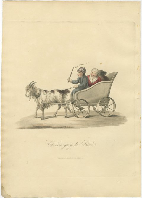 Children going to School in a Goat Cart, Antique Print, 1817, view 2