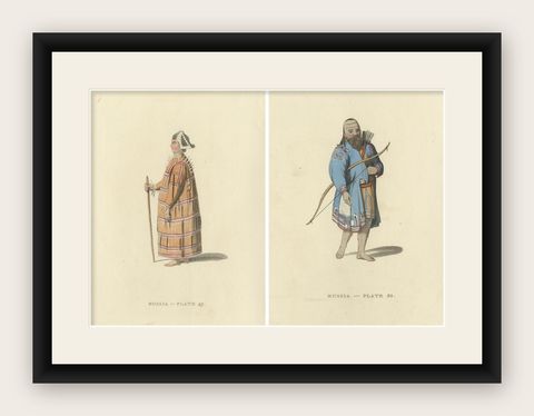 Hand-Colored Engraving of Aleutian and Kurilian Traditional Attire, 1814, shown framed