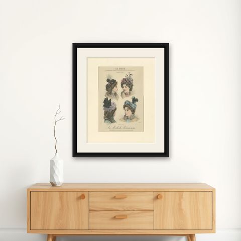Pl. 3220 Antique Fashion Print of Ladies with Hats, 'C.1895', shown framed on a wall