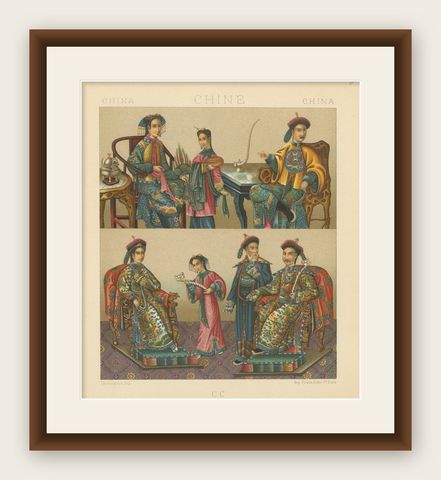 Pl. 54 Antique Print of Chinese Costumes by Racinet, 'circa 1880', shown framed