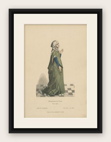 Antique Costume Print of a Lady from Burgundy, France, c.1880, shown framed