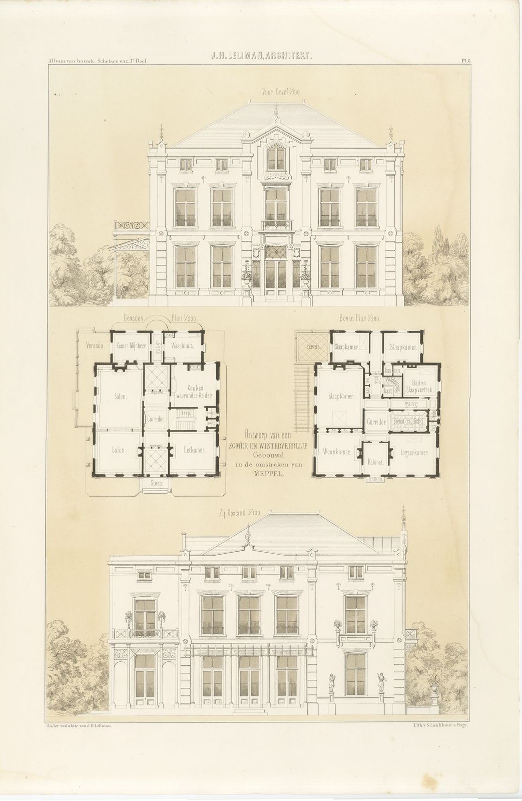 Meppel Country House, Elevations, Dutch Architecture Print, Leliman, 1865-1866