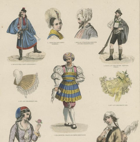 Antique Costume Print of Costumes of Switzerland, Tyrol, Asia and Others, C.1875, close-up 2