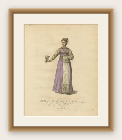 Antique Costume Print of a Young Lady of Wallachia, Engraving Jefferys, 1749, shown framed