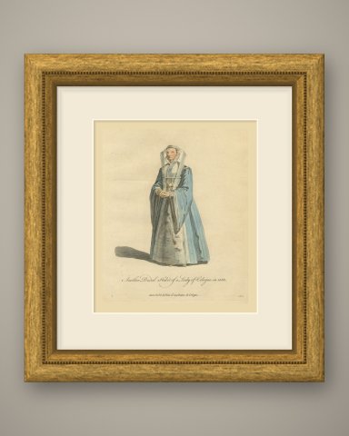 Second Bridal Dress of a Lady of Cologne in Blue Gown and Veil, 1588, 1757, shown framed