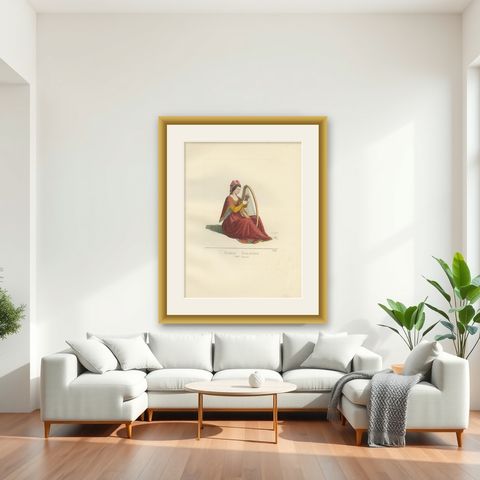 Antique Print of an Italian Noblewoman, 14th Century, by Bonnard, 1860, shown framed in a room