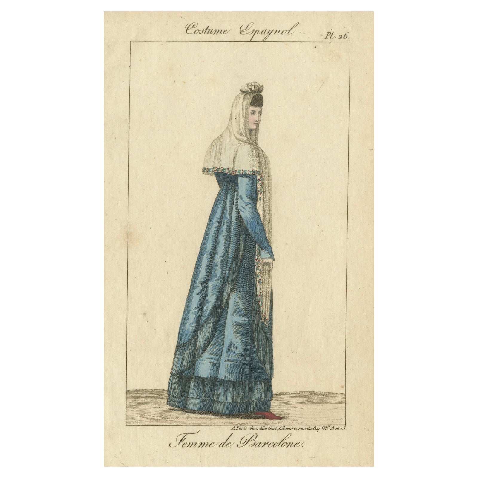 Woman of Barcelona, Hand-Colored Engraving from Costume Espagnol, Paris, c.1805