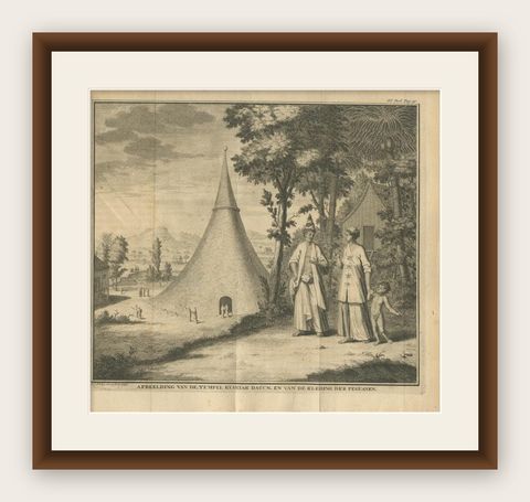 Old Print of the Temple Kiakiak Dagun and Costumes of the Peguans, India, 1732, shown framed