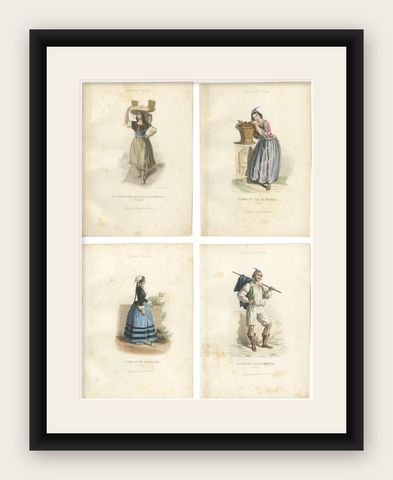 Set of Four Antique Portuguese & Madeira Folk Costume Engravings, circa 1850, shown framed
