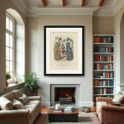 Antique French Fashion Plate, Ladies and Child in Park Scene, c.1880, shown framed in a room