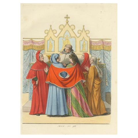 14th Century Italian Wedding, Clergy and Nobility in Antique Print, 1845