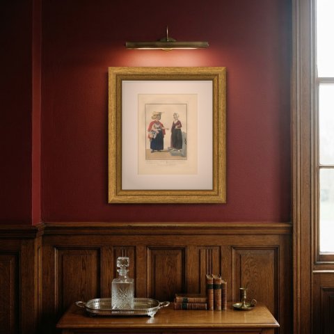 Shrimp Seller and Customer, Dutch Costume Print, Maaskamp, 1811, shown framed on a wall