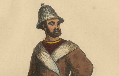 Traditional Eleuth Warrior Attire in 1844 Hand-Colored Lithograph, close-up 1