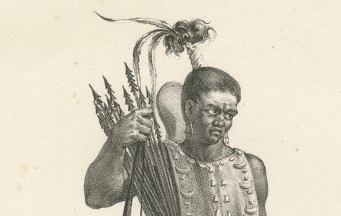 Warrior of Owhyhee (Hawaii) - Anthropophage in War Costume, 1785 Engraving, close-up 4