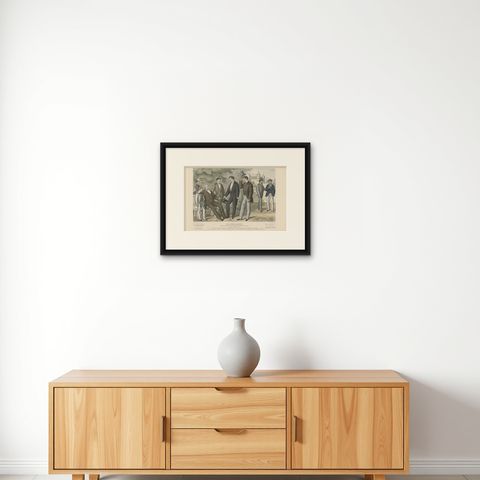 Antique Fashion Print with Gentlemen in Suites, 1874, shown framed on a wall