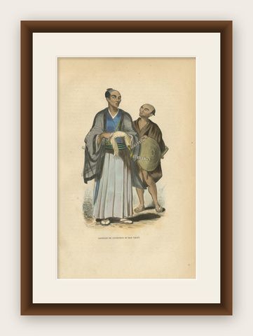Antique Print of a Japanese Nobleman and His Servant by Wahlen, 1843, shown framed