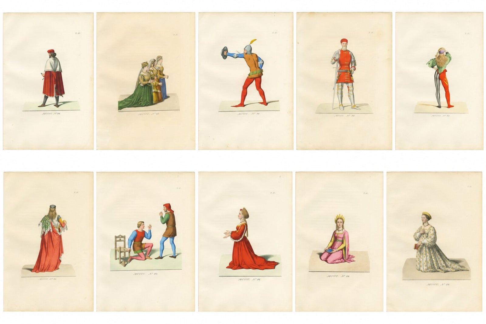 Medieval Courtly Costumes and Figures, Complete Set of 10 Hand-Colored, 1845